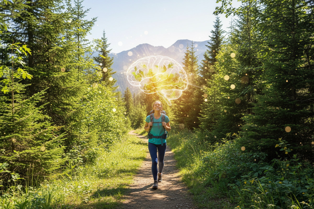Hiker walking toward the camera on a sunlit forest trail with a luminous human brain above her