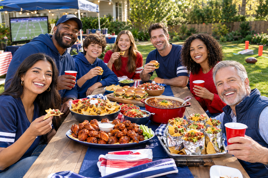 A lively backyard football tailgate with friends, family, wings, nachos, sliders, chili, and walking tacos