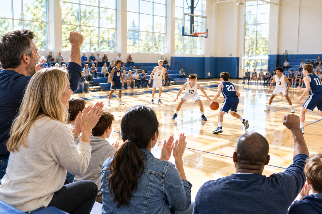 Parents cheering in the bleachers of a bright, sunlit gym during a youth basketball game