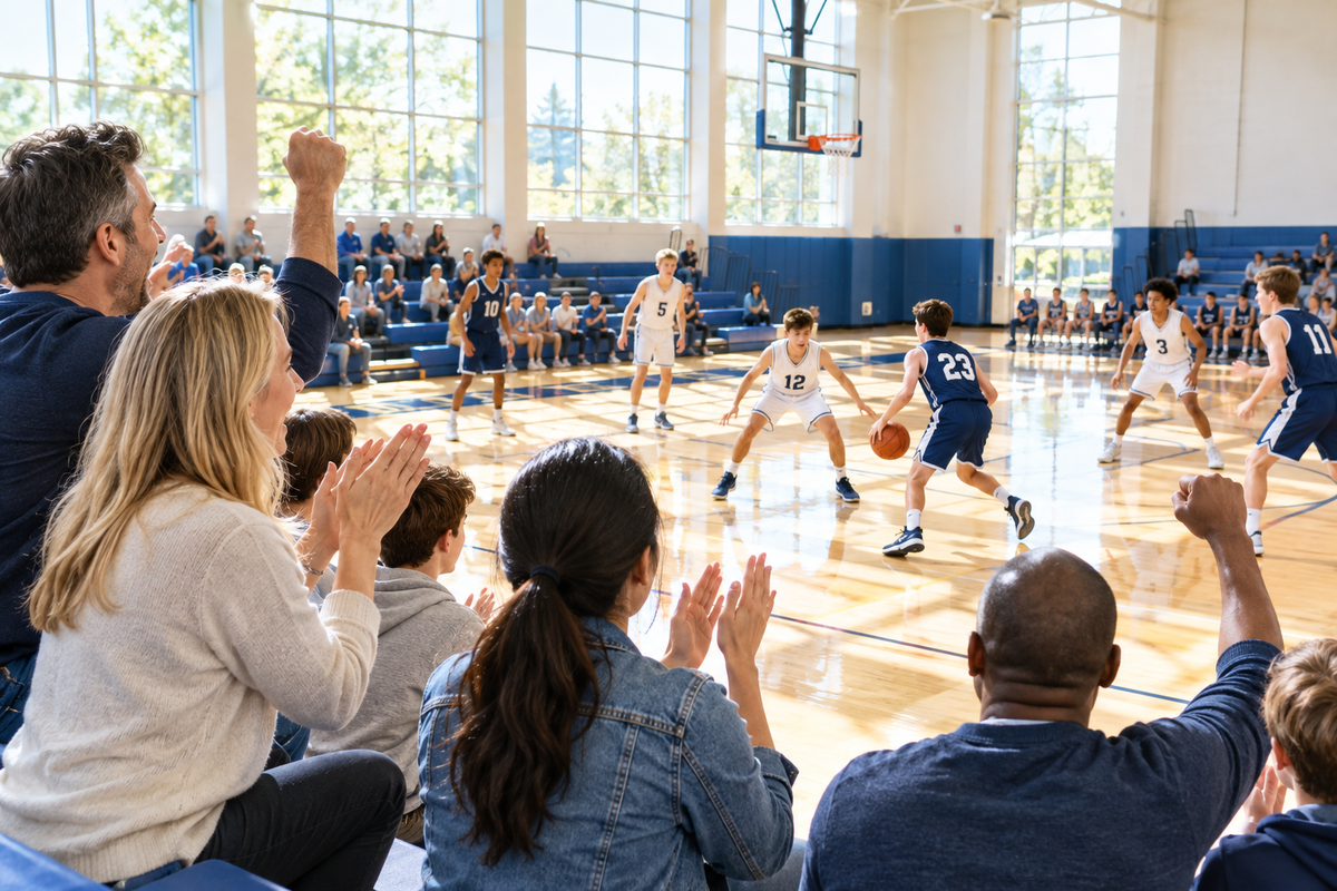Parents cheering in the bleachers of a bright, sunlit gym during a youth basketball game