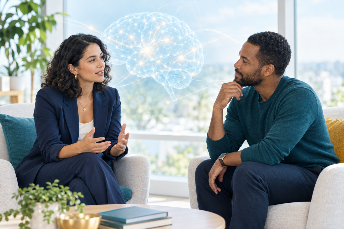 Two people exchanging subtle facial expressions and body-language signals during a thoughtful conversation