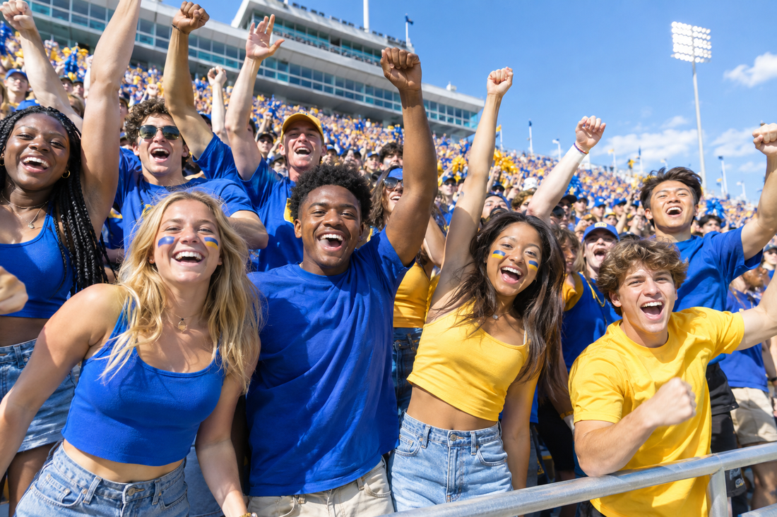 Sunlit college football student section jumping together on game day
