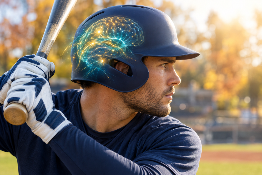Focused baseball hitter in a navy helmet gripping the bat, with a glowing brain illustration on the helmet