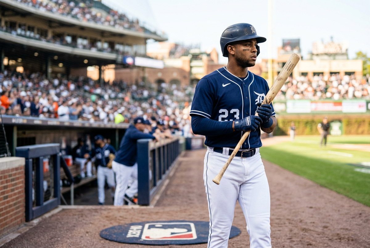 Illustration of a focused baseball hitter preparing for his next opportunity in a sunlit stadium.