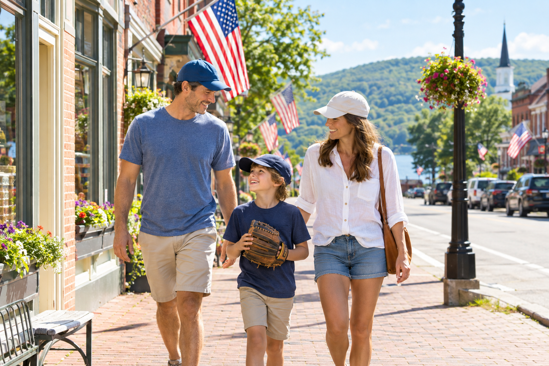 Family in baseball caps walking down a sunny small-town main street with brick storefronts and American flags