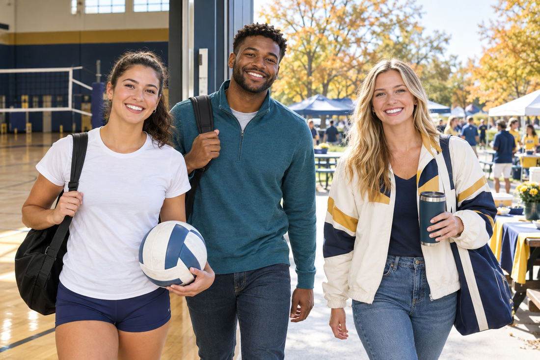 Friends in versatile athletic layers moving from an indoor court to a sunny fall tailgate