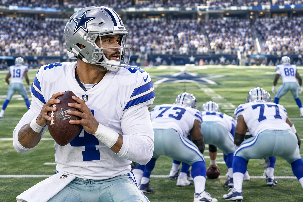 Dallas Cowboys quarterback reads the defense before the snap as offensive positions form behind him