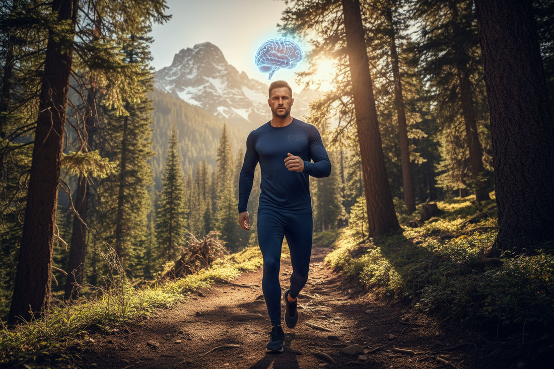 A determined man climbing through sunlit woods toward a mountain with a human brain visualization overhead, representing perseverance and mental strength