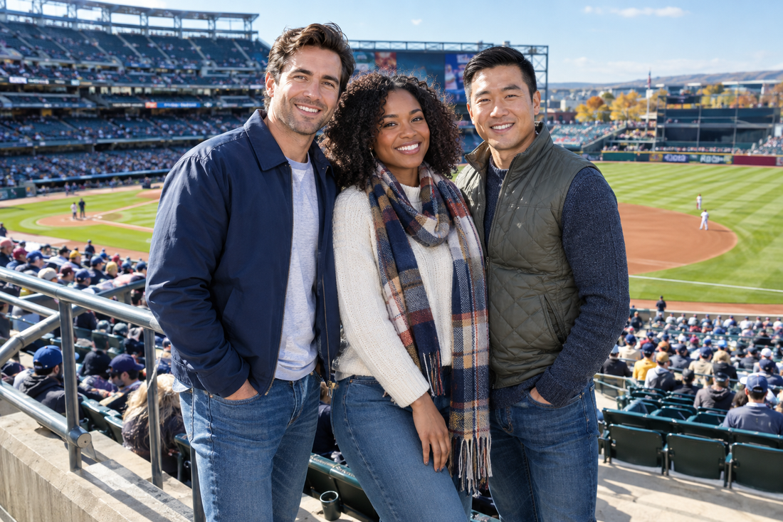 Baseball fans in practical fall layers at a sunny ballpark
