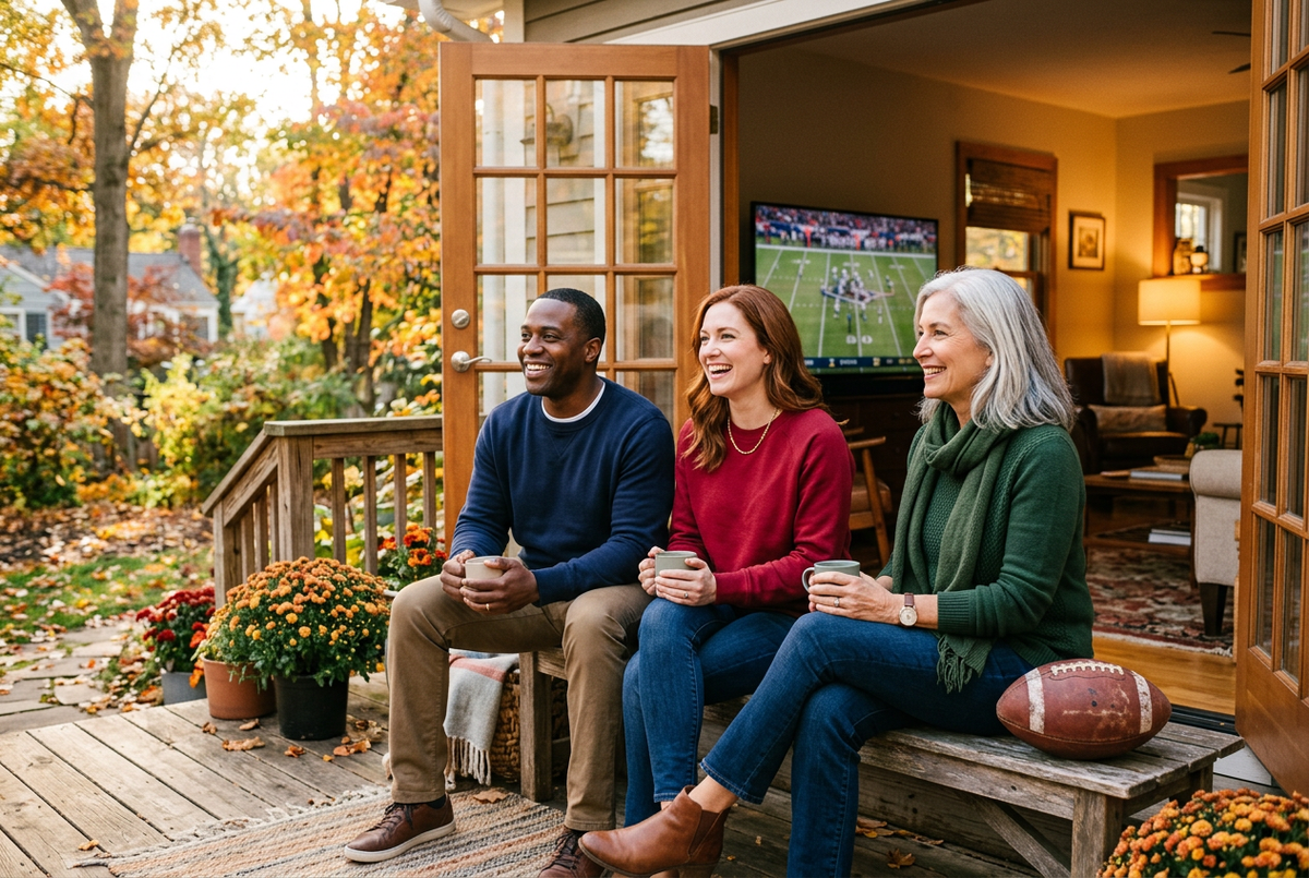 Friends enjoying football together on a sunlit autumn porch.