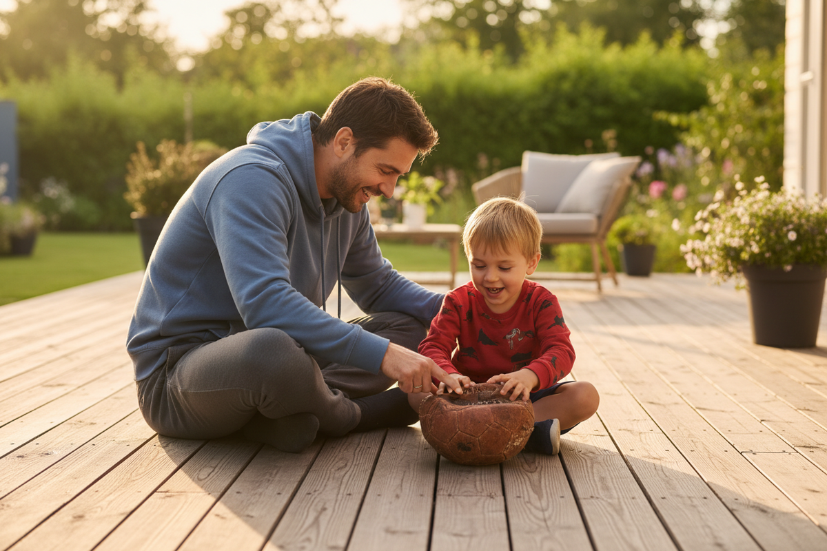 A father and child sitting together in bright natural light wearing casual football fan gear