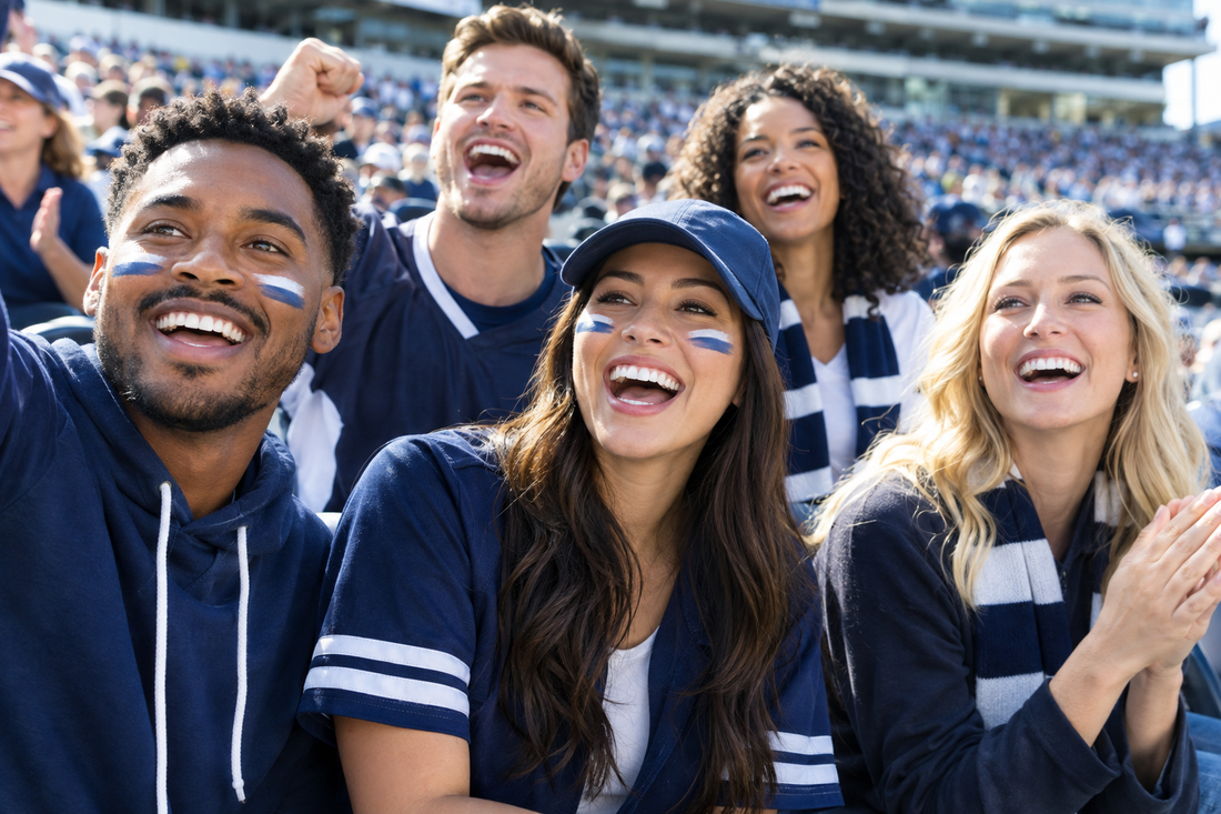 Friends cheering together in the stands at a sunny football game