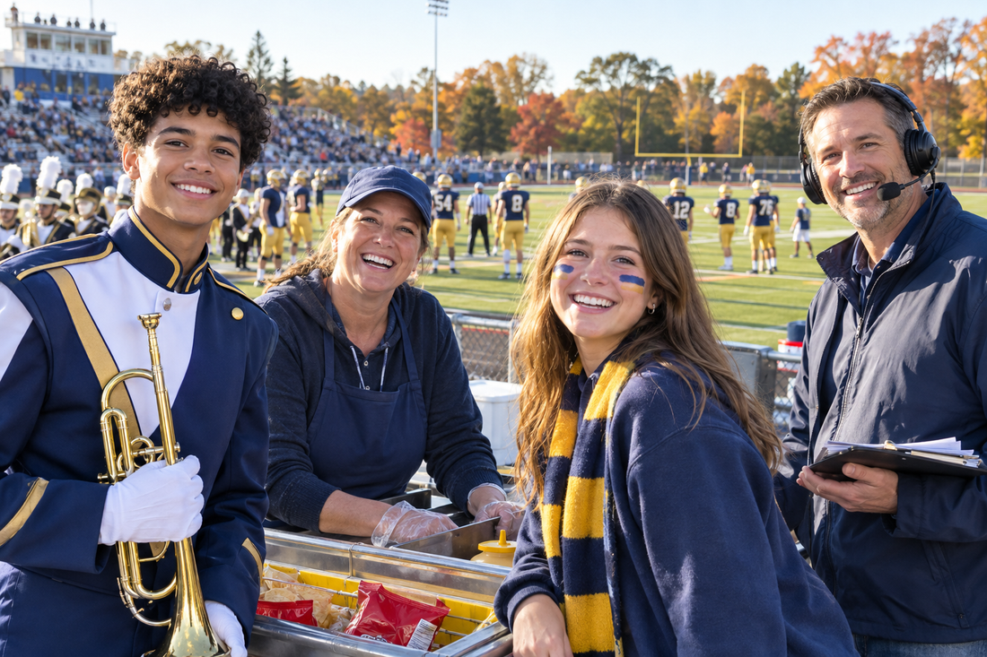 Band student, volunteer, fan, and announcer at a high school football game