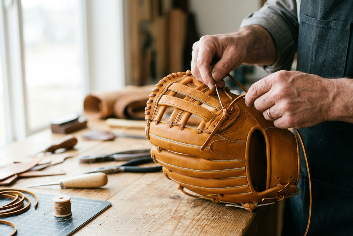 Illustrative workshop scene showing leather lacing being threaded through a tan baseball glove.