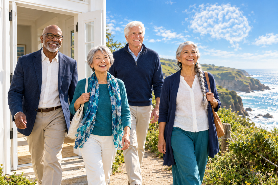 Four older adults stepping through an open door onto a sunlit coastal path, smiling and walking toward the viewer