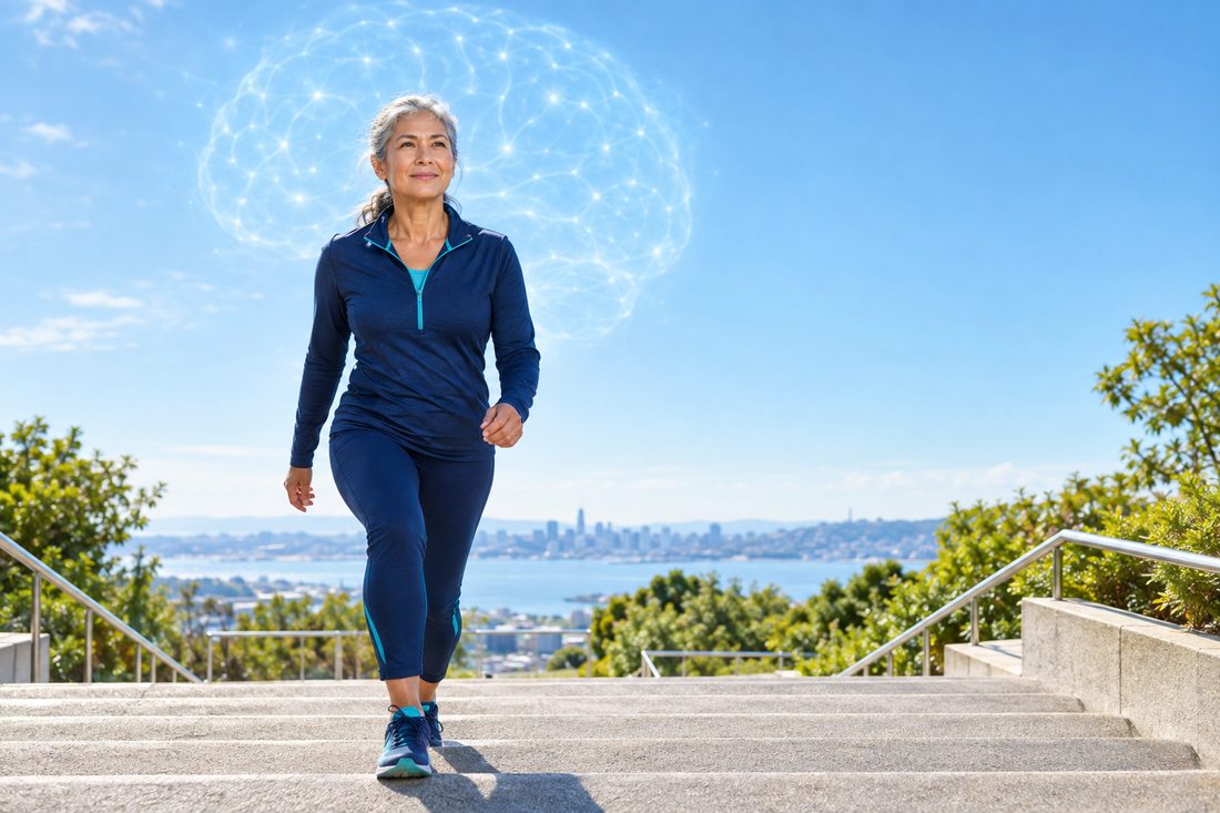 Active older adult walking purposefully up sunlit steps beneath a subtle brain-shaped light pattern