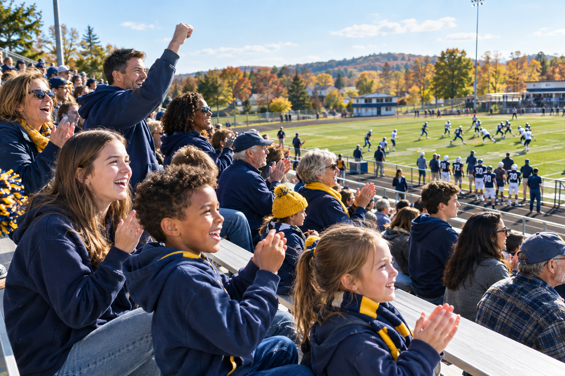 Families and students cheering from high school football bleachers on a bright autumn afternoon