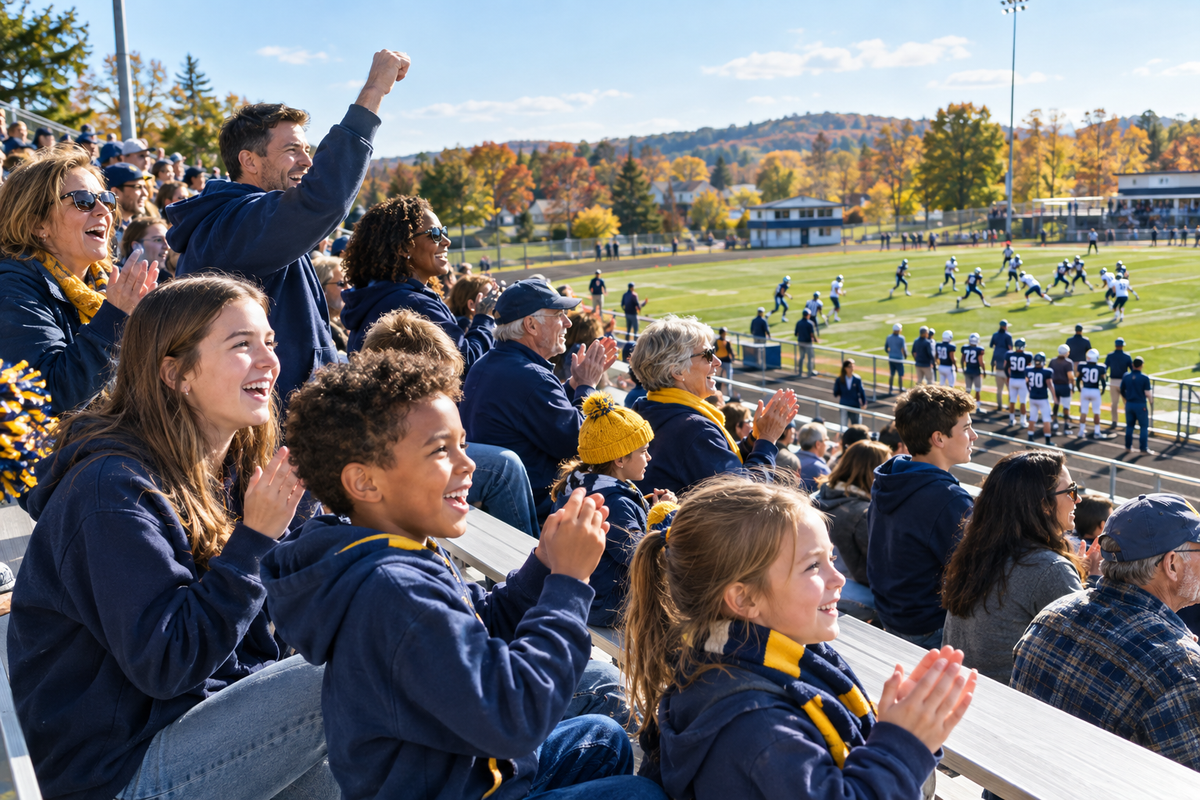Families and students cheering from high school football bleachers on a bright autumn afternoon