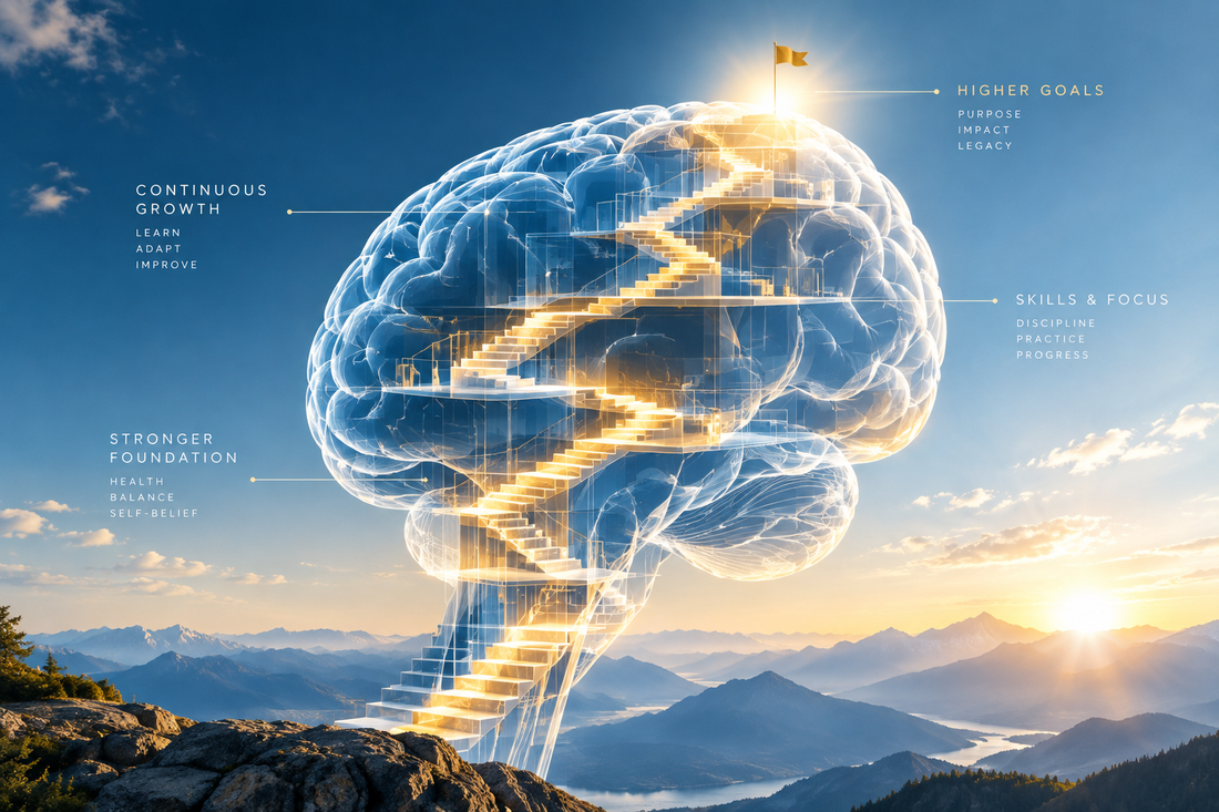 Human brain rendered as a glowing architectural staircase of light, rising toward higher goals, symbolizing stacking success