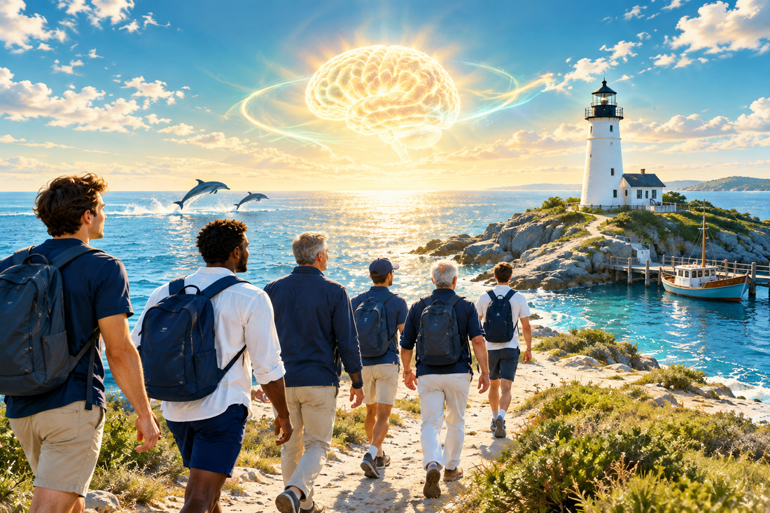 Men walking together along a sunlit shoreline toward a white lighthouse, dolphins leaping offshore