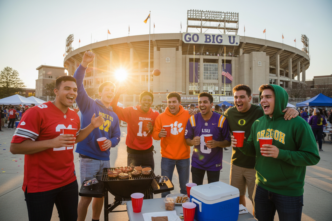 College football fans tailgating in NCAA team jerseys and hoodies