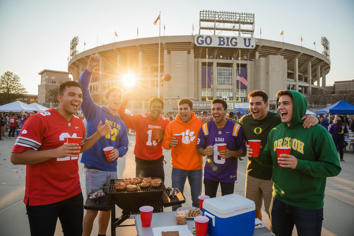 College football fans tailgating in NCAA team jerseys and hoodies