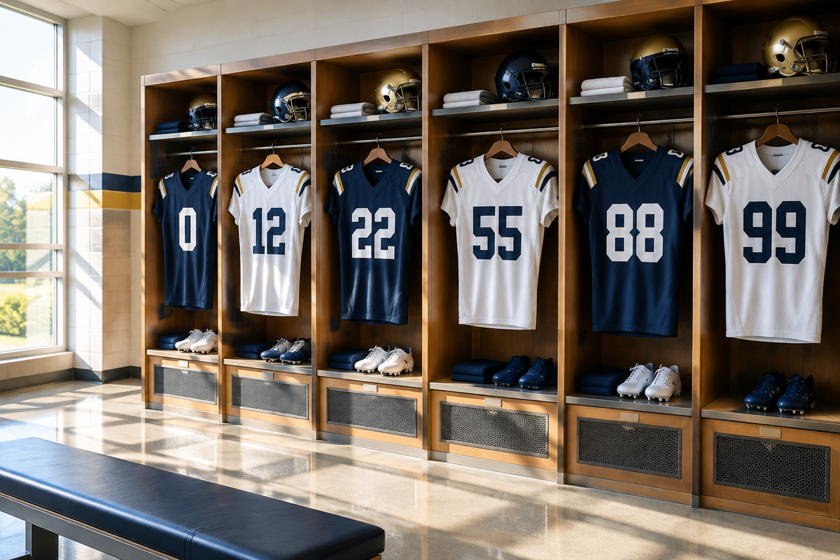 Football jerseys with different numbers hanging in a sunlit locker room