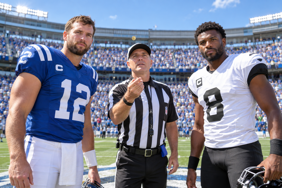 Team captains and a referee at midfield for the overtime coin toss on a sunny game day