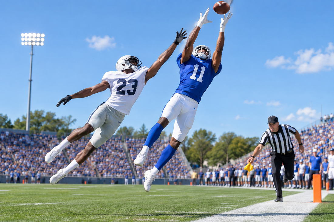 Receiver and defender leaping for a deep pass as a referee reaches for a flag