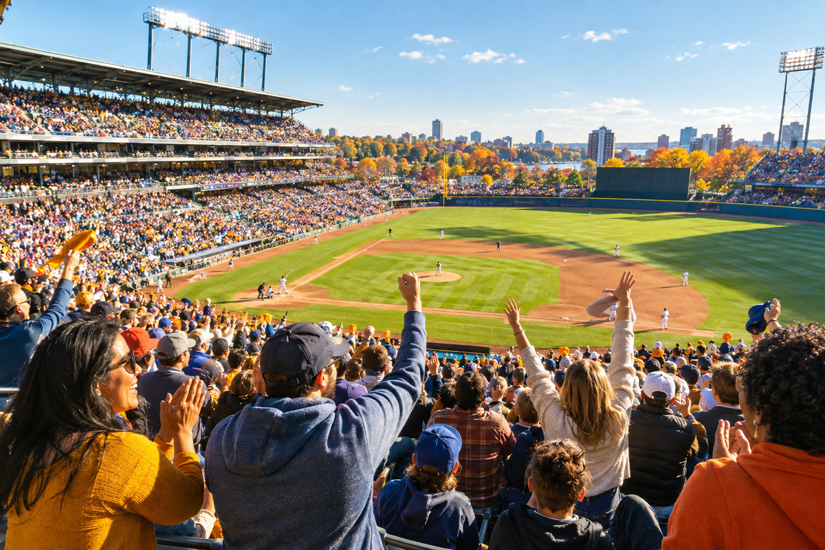 Excited fans cheering in a packed, sunlit baseball stadium on an autumn afternoon