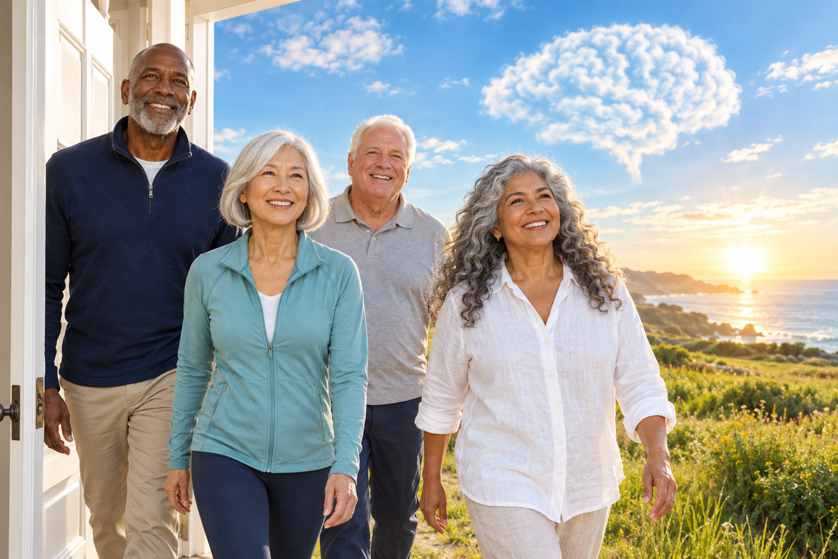 Four smiling boomers step through an open door onto a sunlit meadow, with clouds shaped like a human brain in the sky