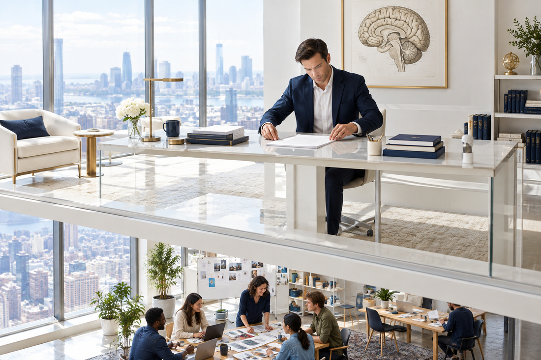 A meticulous professional isolated in a bright glass studio above a collaborative workspace