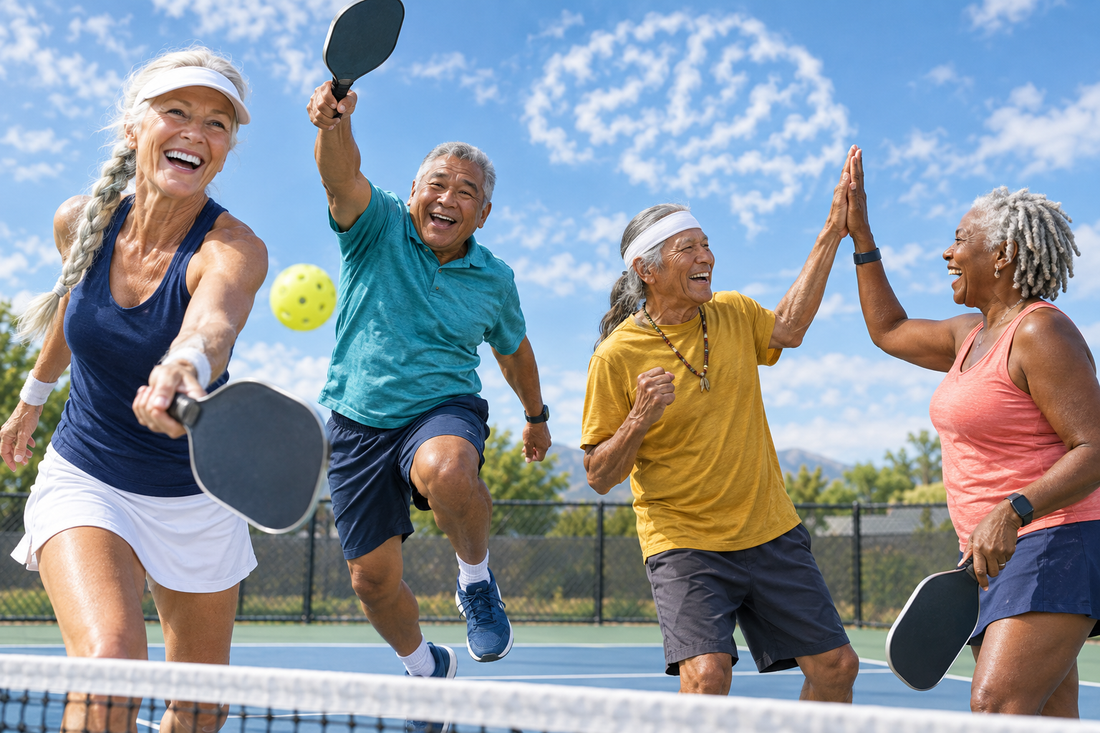 Four joyful active seniors playing pickleball on a sunny court, with clouds shaped like a human brain in the sky