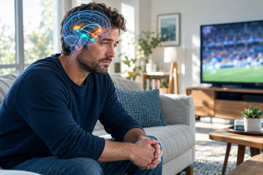 Disappointed sports fan with an illuminated human brain showing stress and reward pathways after a loss