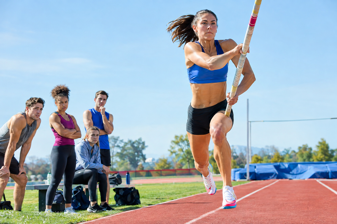 Pole vaulter charging toward takeoff while observers watch from the side