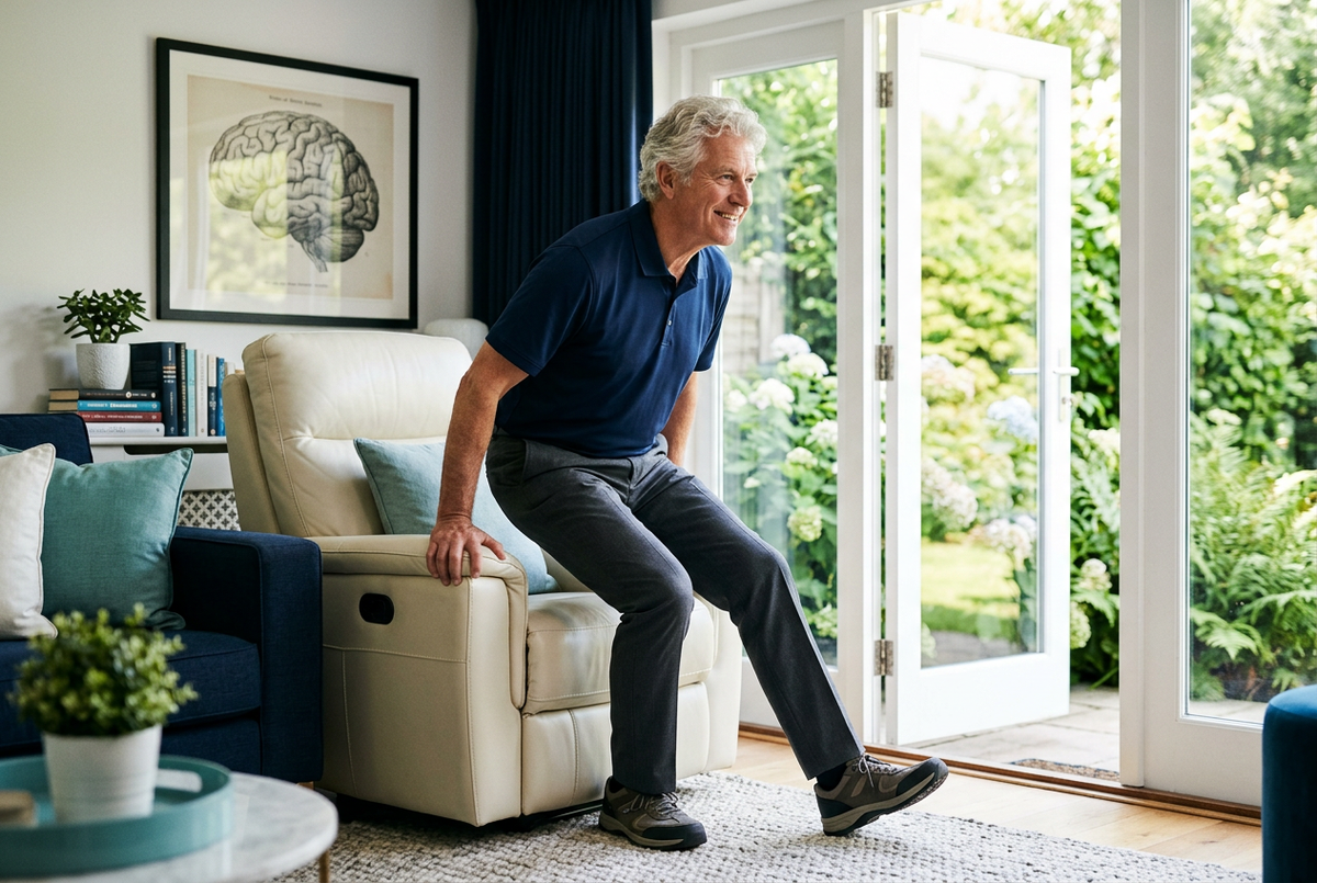 Illustrative man rising from a recliner toward a sunlit garden, with a brain illustration on the wall.