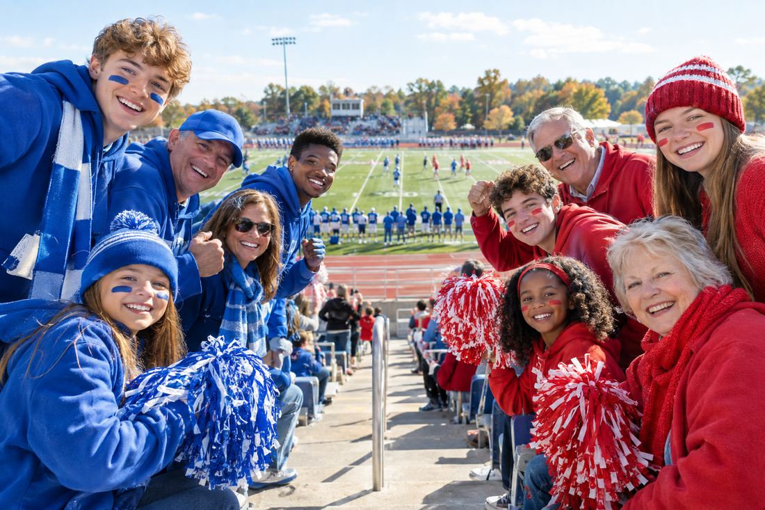 Football fans in opposing colors enjoy a friendly rivalry at a sunny stadium
