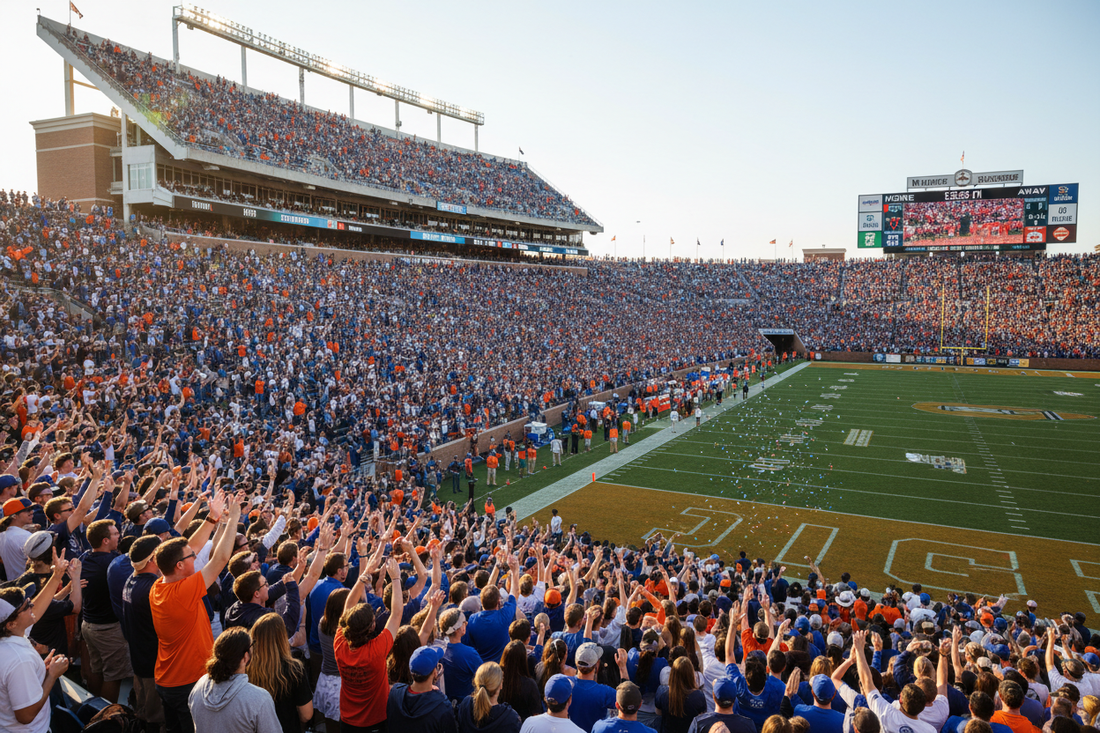 Fans cheering in a sunlit college football stadium on a Saturday afternoon