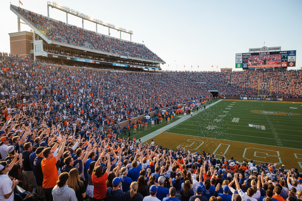 Fans cheering in a sunlit college football stadium on a Saturday afternoon