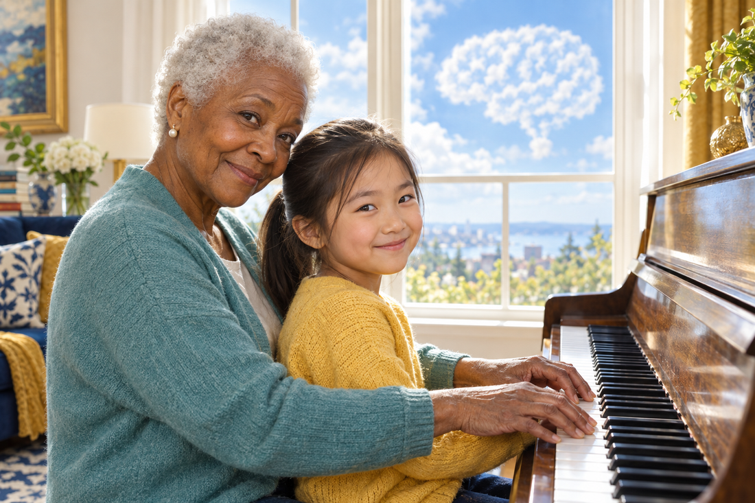 A woman teaches a young girl piano in a bright room