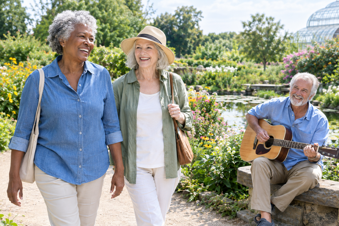 Older adults walking together and playing acoustic guitar in a sunny botanical garden