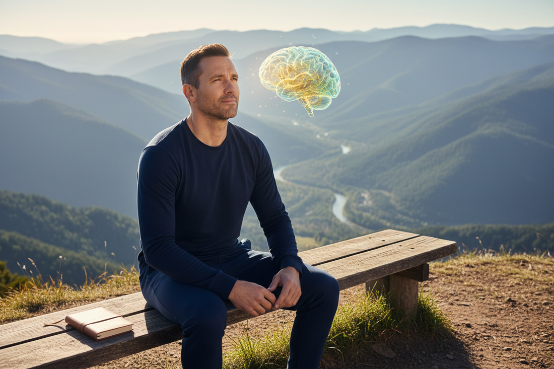 A thoughtful man seated alone at a bright mountain overlook with a subtle human brain visualization representing reflection and discernment