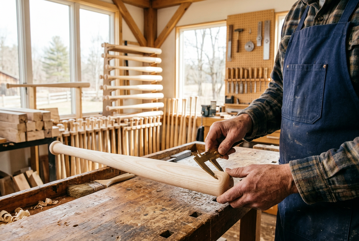 Illustration of a craftsperson measuring a wooden baseball bat, not a photograph of the Louisville Slugger factory.