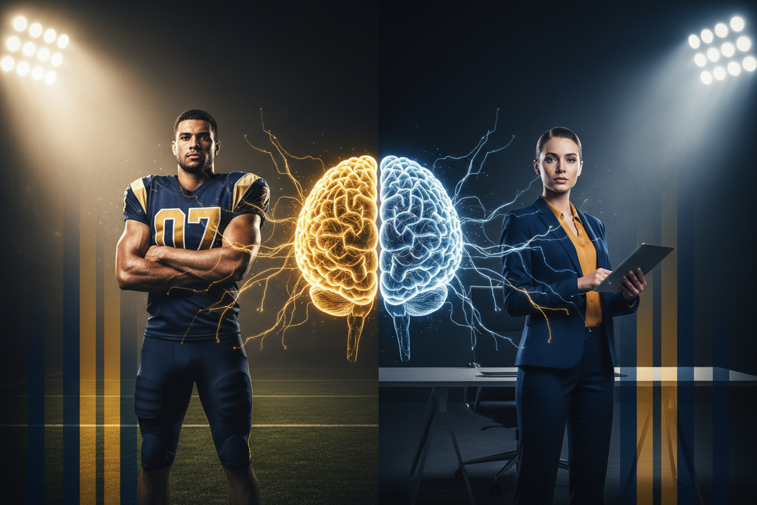 Split image of an athlete and professional with glowing brain and stadium lights representing clutch performance psychology