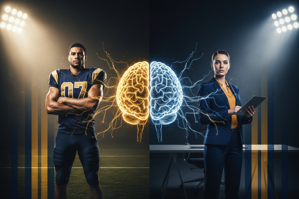 Split image of an athlete and professional with glowing brain and stadium lights representing clutch performance psychology