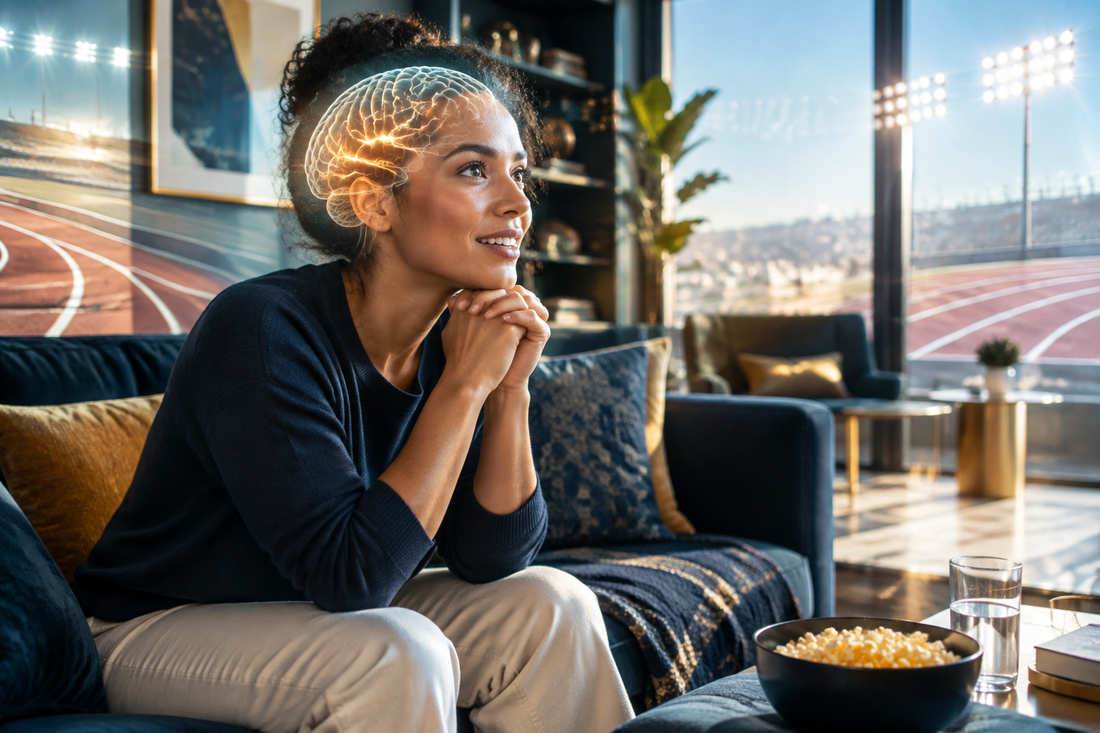 Engaged sports-movie viewer with an illuminated human brain and a running track in the background