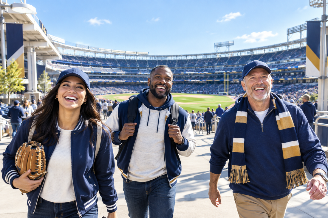Three sports fans arriving at a grand open-air stadium for a bucket-list game-day experience