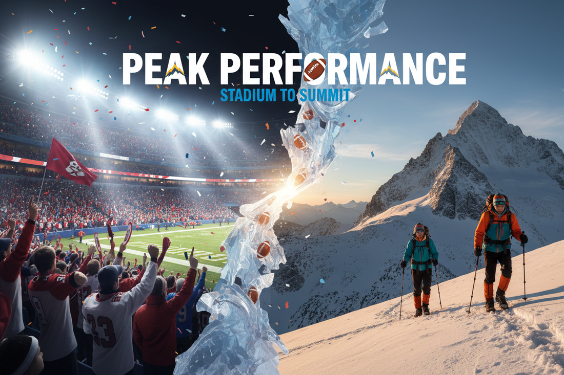 Stadium sidelines and mountain summit split scene showing athletic layered sportswear