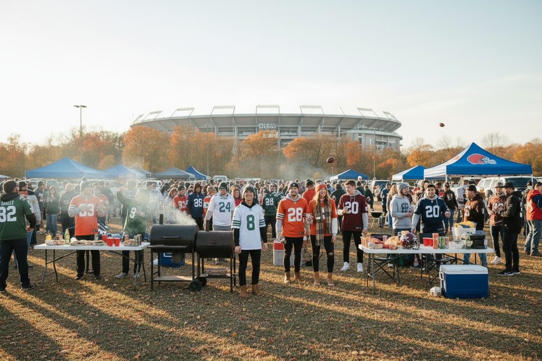 Fans in team jerseys and hoodies tailgating in a stadium parking lot on a fall game day