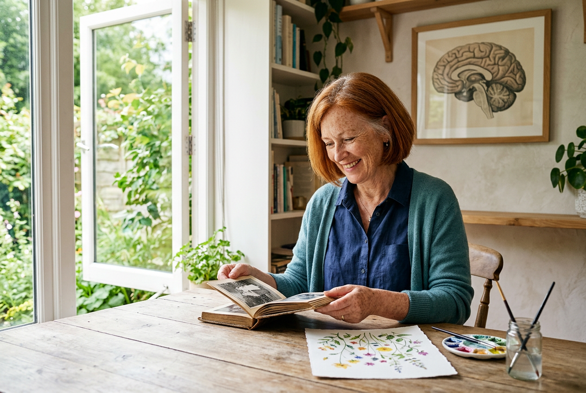 Illustrative woman enjoying an old photo album beside a new watercolor project in a sunny room with a brain illustration.